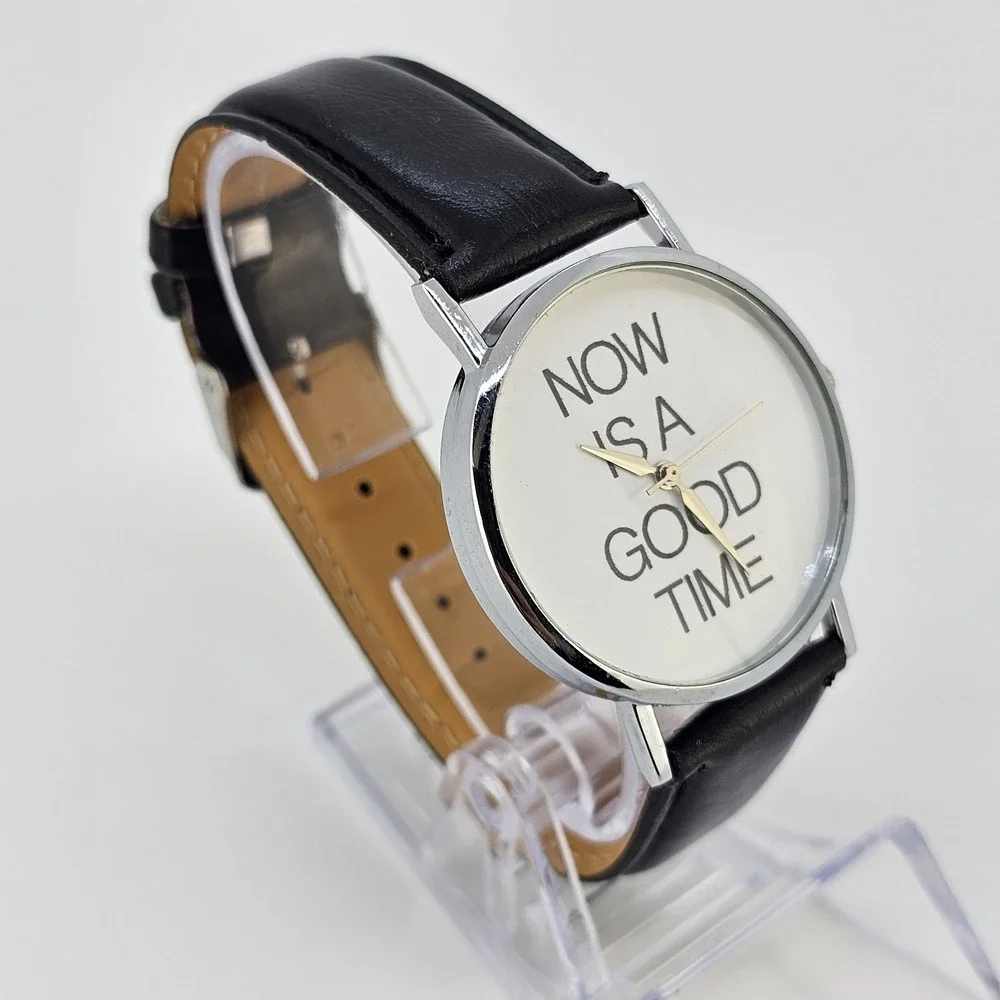 Now Is A Good Time Women's Watch 38MM White Dial Black Leather Bands NEW Battery